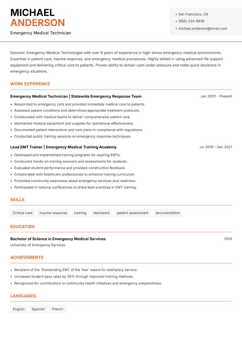 Emergency Medical Technologist Resume Template