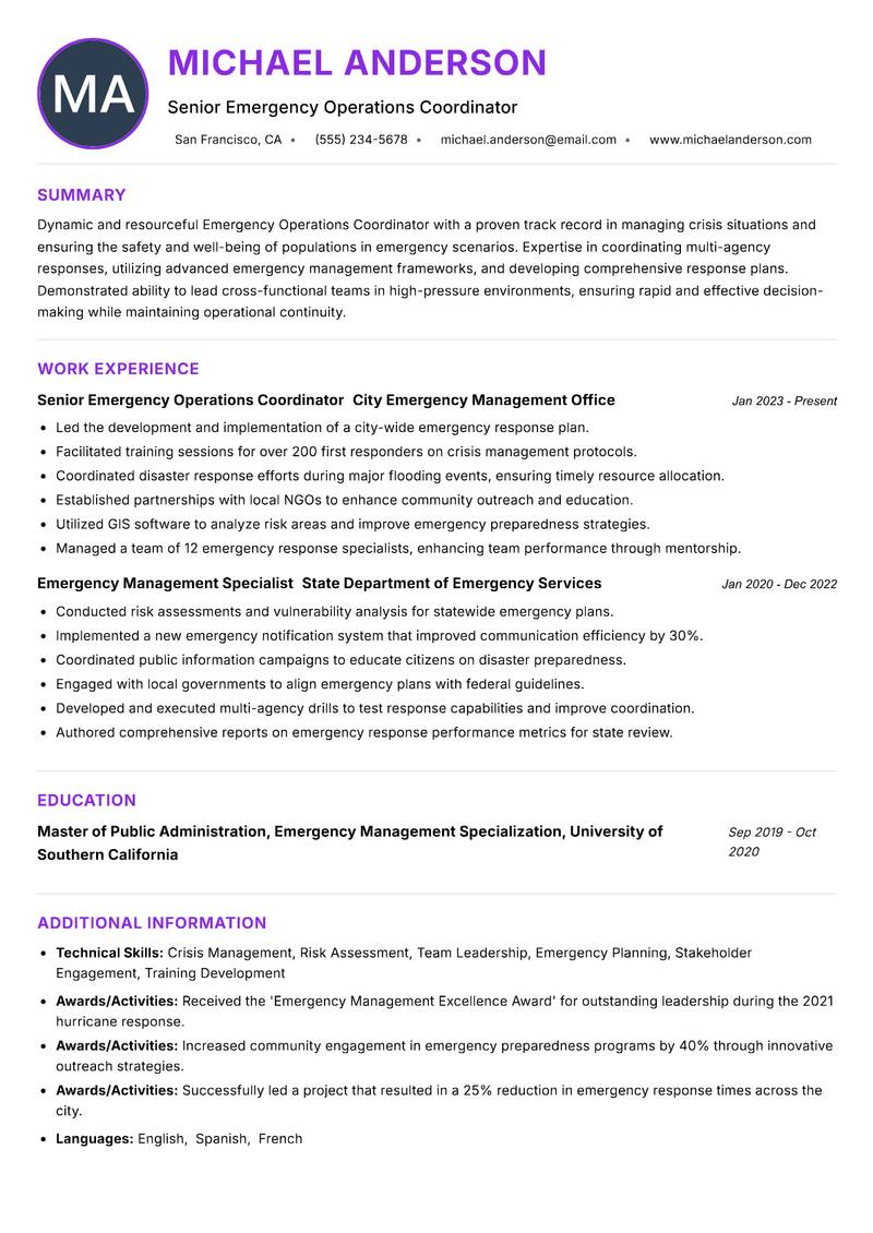 Emergency Operations Coordinator Resume Preview Example