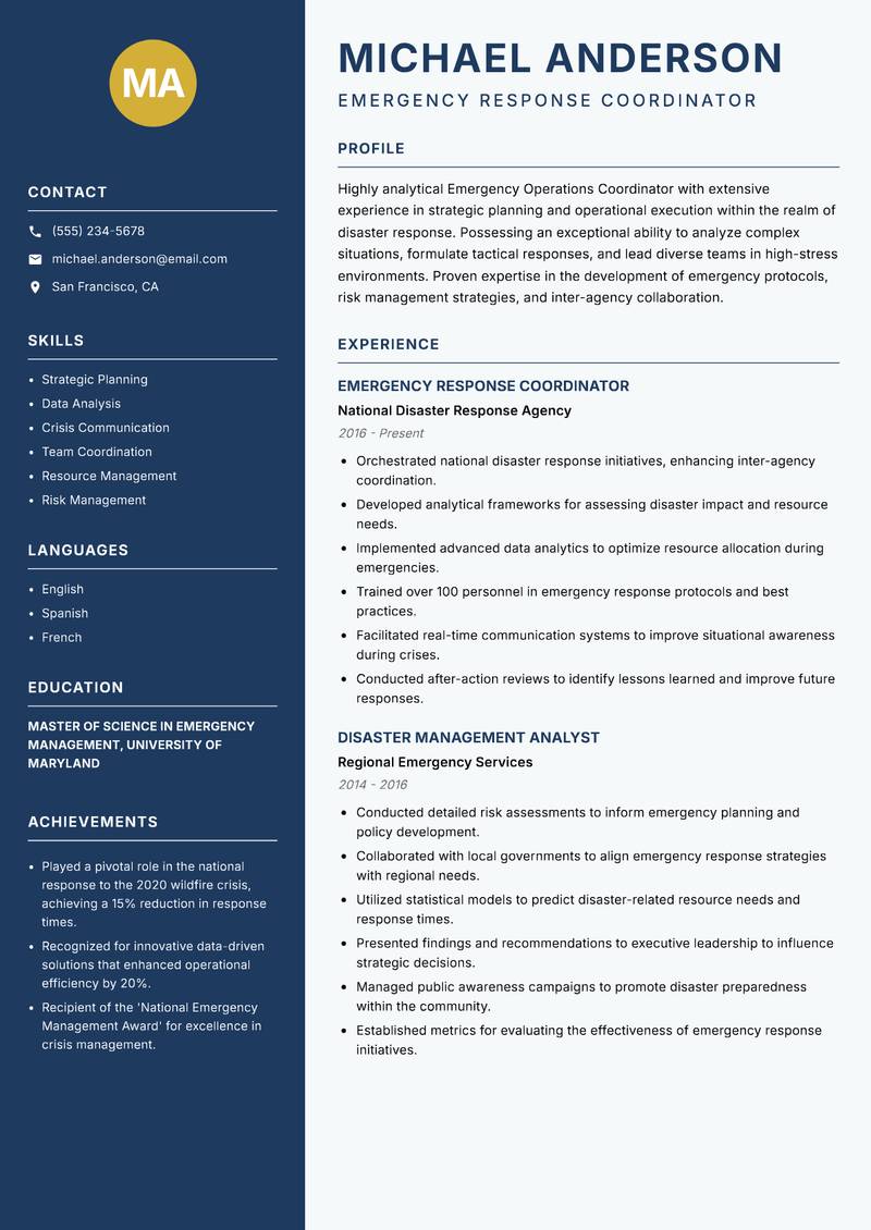 Emergency Operations Coordinator Resume Preview Example