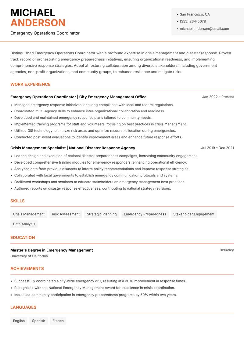 Emergency Operations Coordinator Resume Template
