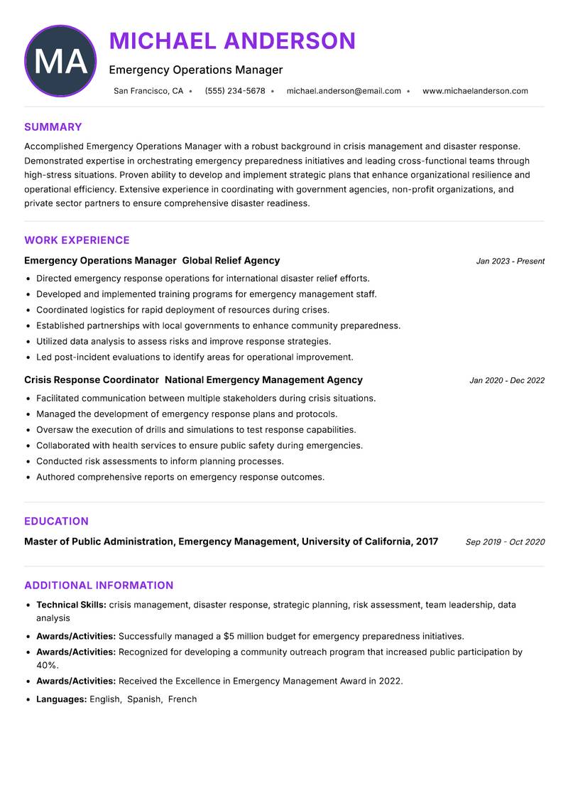 Emergency Operations Manager Resume Preview Example