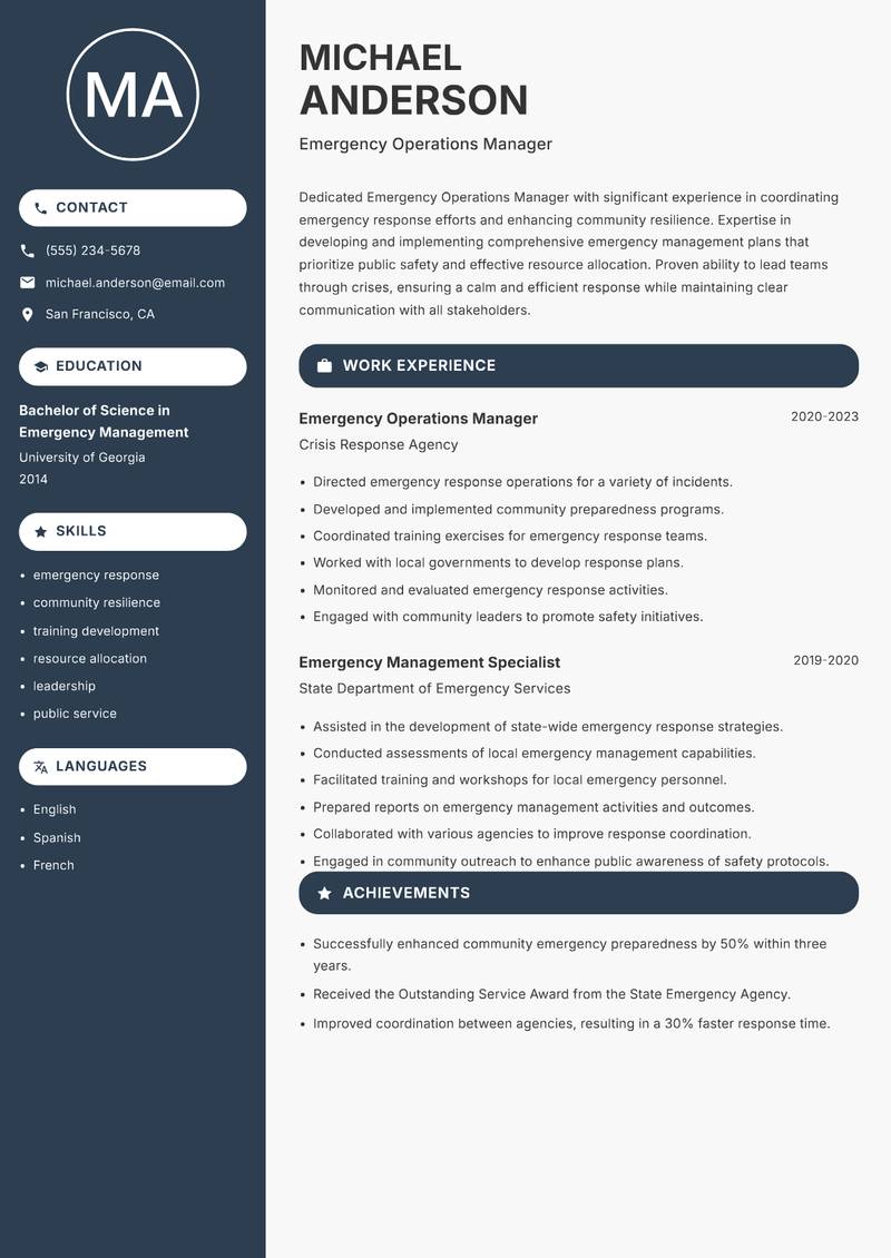 Emergency Operations Manager Resume Preview Example