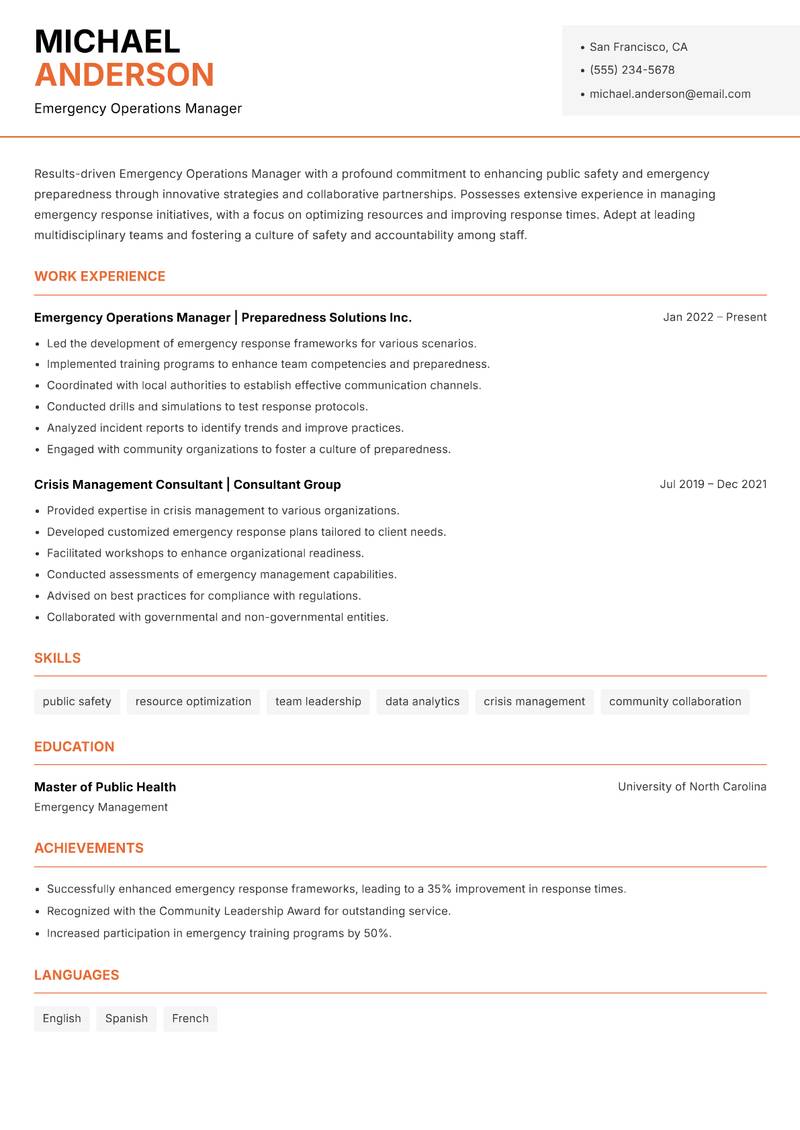 Emergency Operations Manager Resume Template