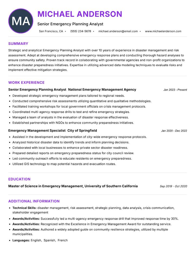 Emergency Planning Analyst Resume Preview Example