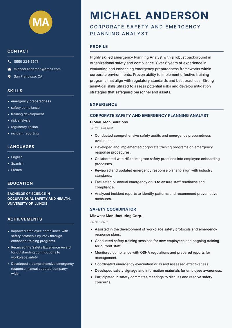Emergency Planning Analyst Resume Preview Example