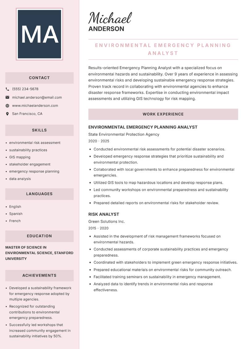 Emergency Planning Analyst Resume Preview Example