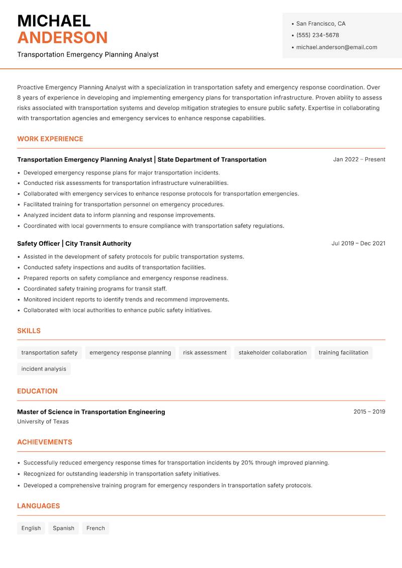 Emergency Planning Analyst Resume Template