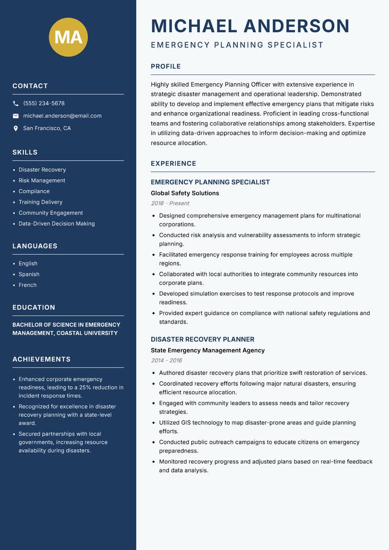 Emergency Planning Officer Resume Preview Example
