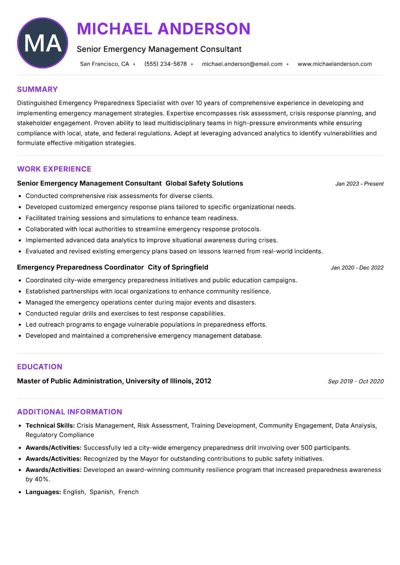 Emergency Preparedness Specialist Resume Preview Example