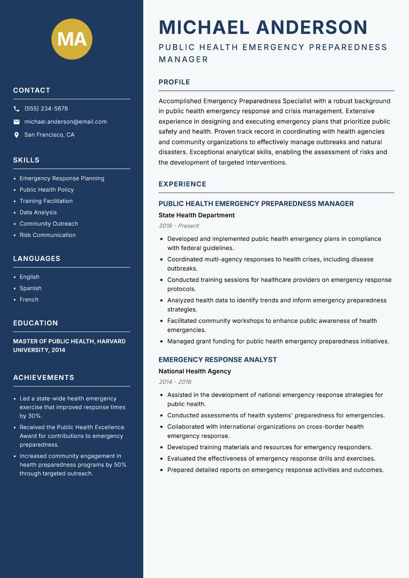 Emergency Preparedness Specialist Resume Preview Example