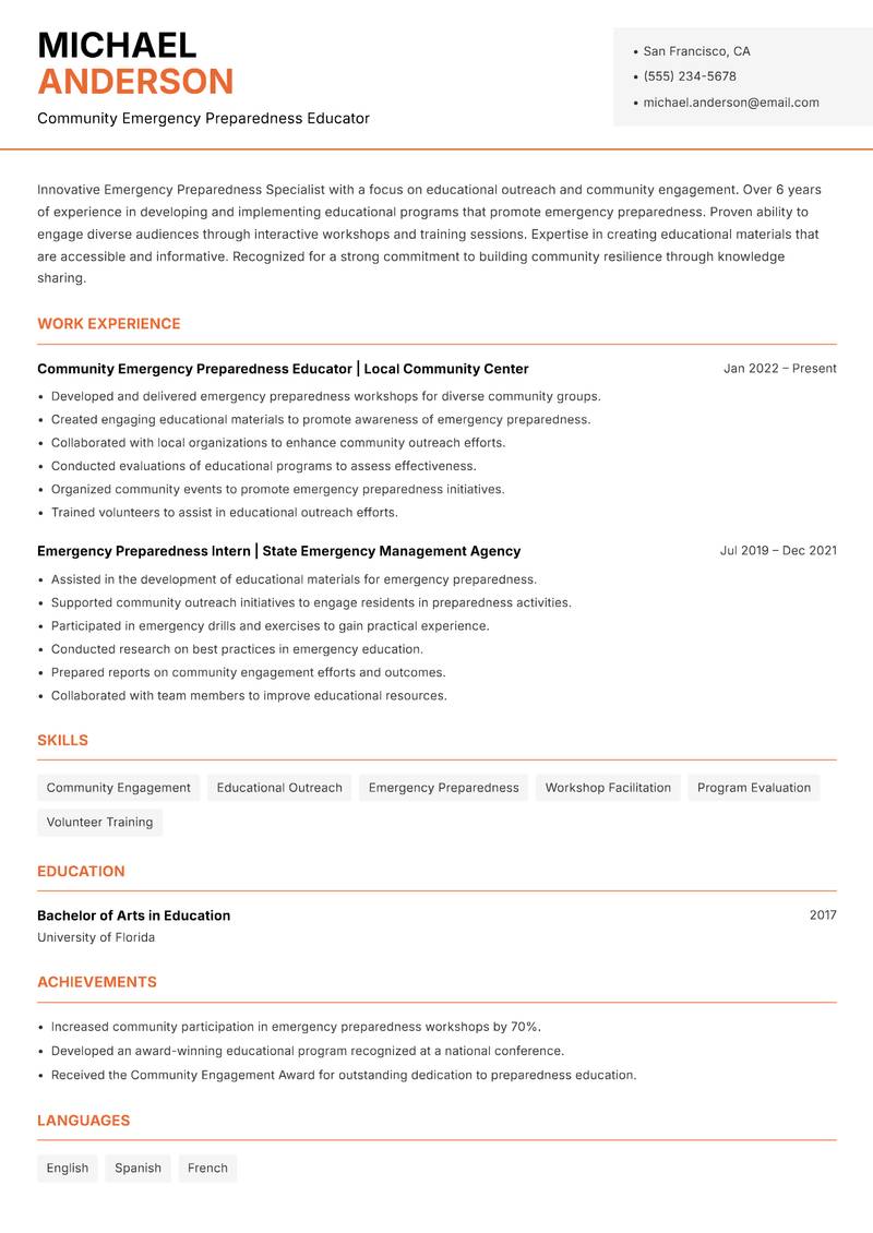 Emergency Preparedness Specialist Resume Template