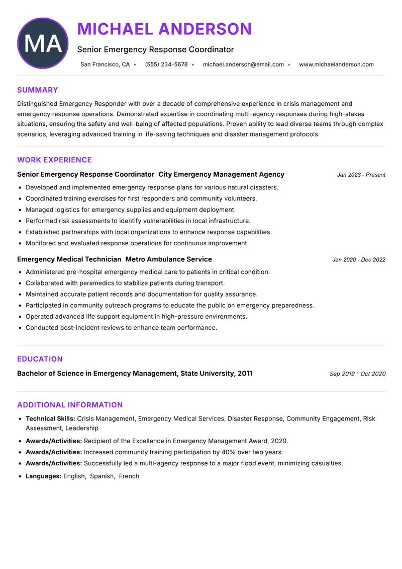 Emergency Responder Resume Preview Example