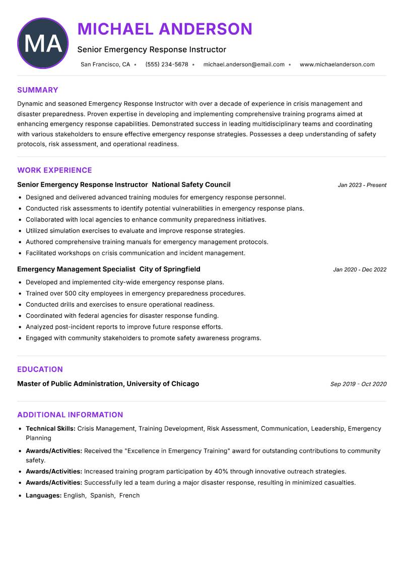 Emergency Response Instructor Resume Preview Example