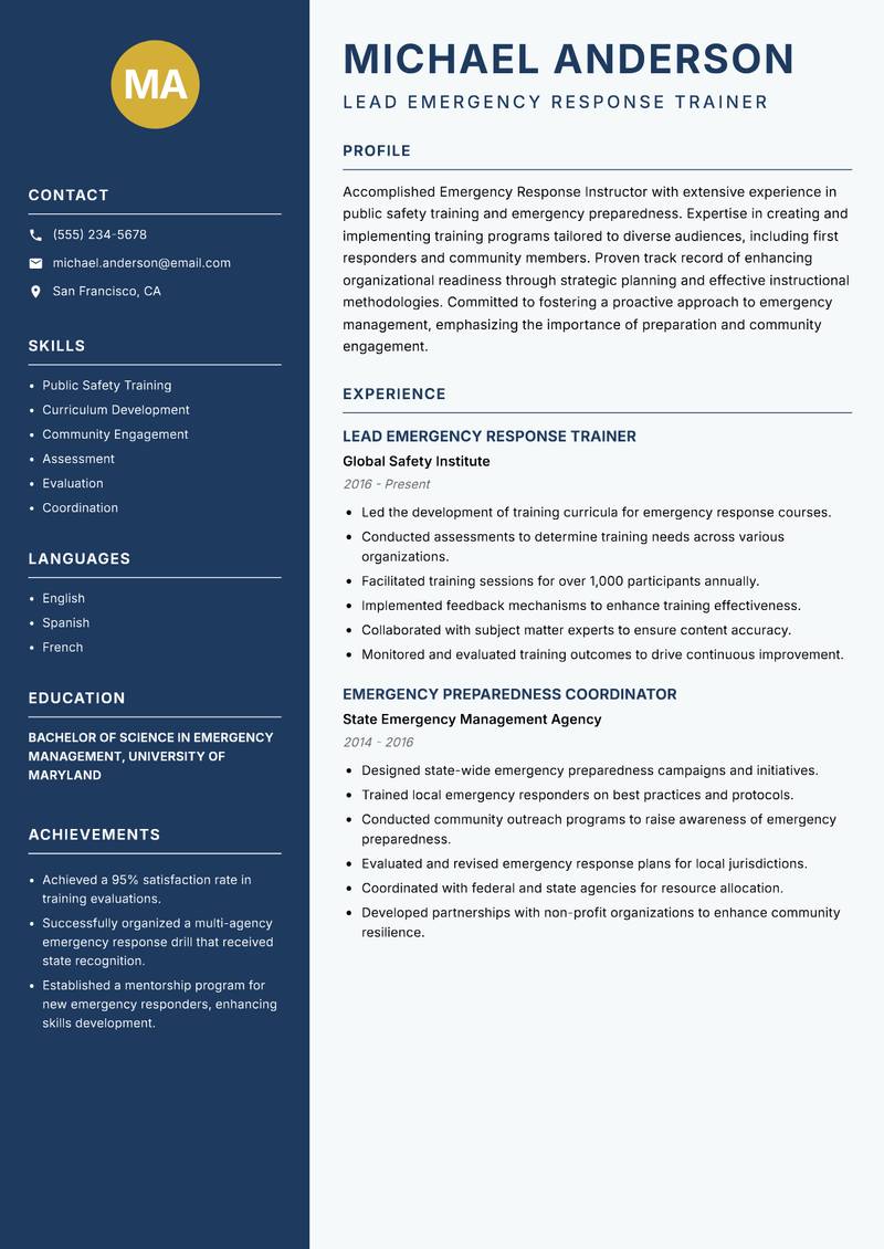 Emergency Response Instructor Resume Preview Example
