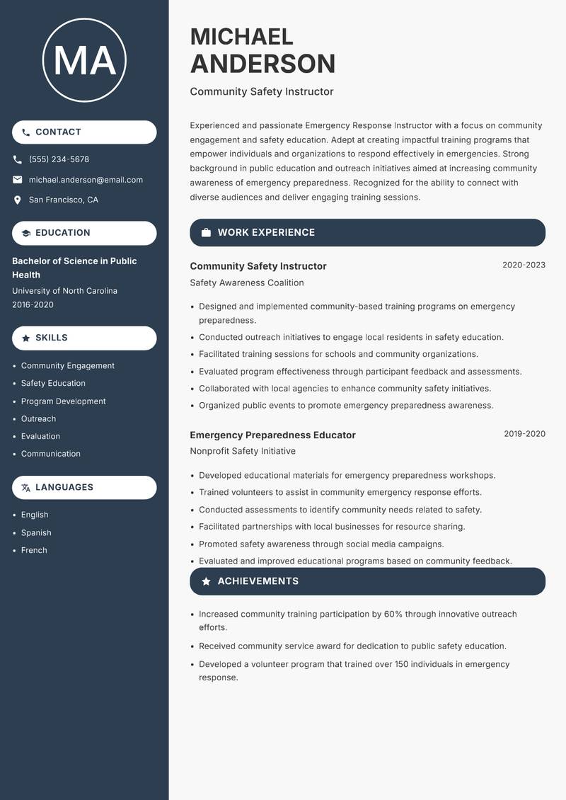 Emergency Response Instructor Resume Preview Example