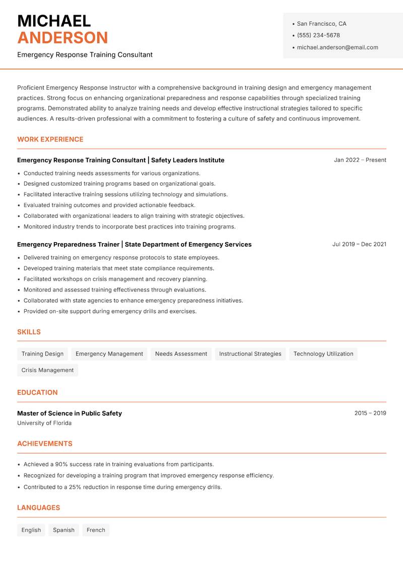 Emergency Response Instructor Resume Template