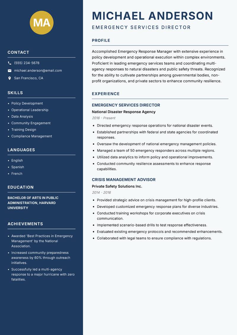 Emergency Response Manager Resume Preview Example