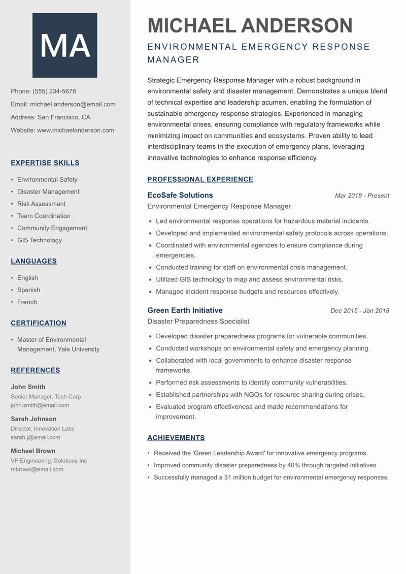 Emergency Response Manager Resume Preview Example