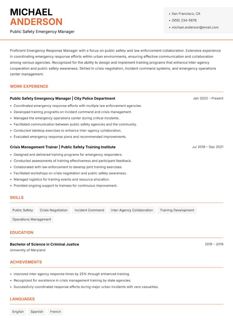 Emergency Response Manager Resume Template