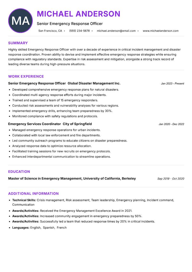 Emergency Response Officer Resume Preview Example