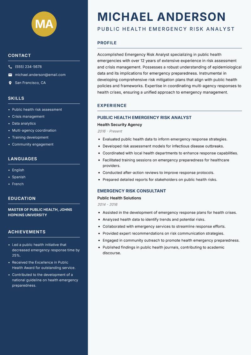 Emergency Risk Analyst Resume Preview Example