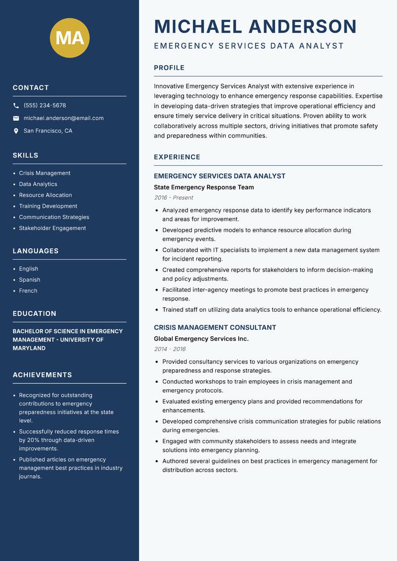 Emergency Services Analyst Resume Preview Example