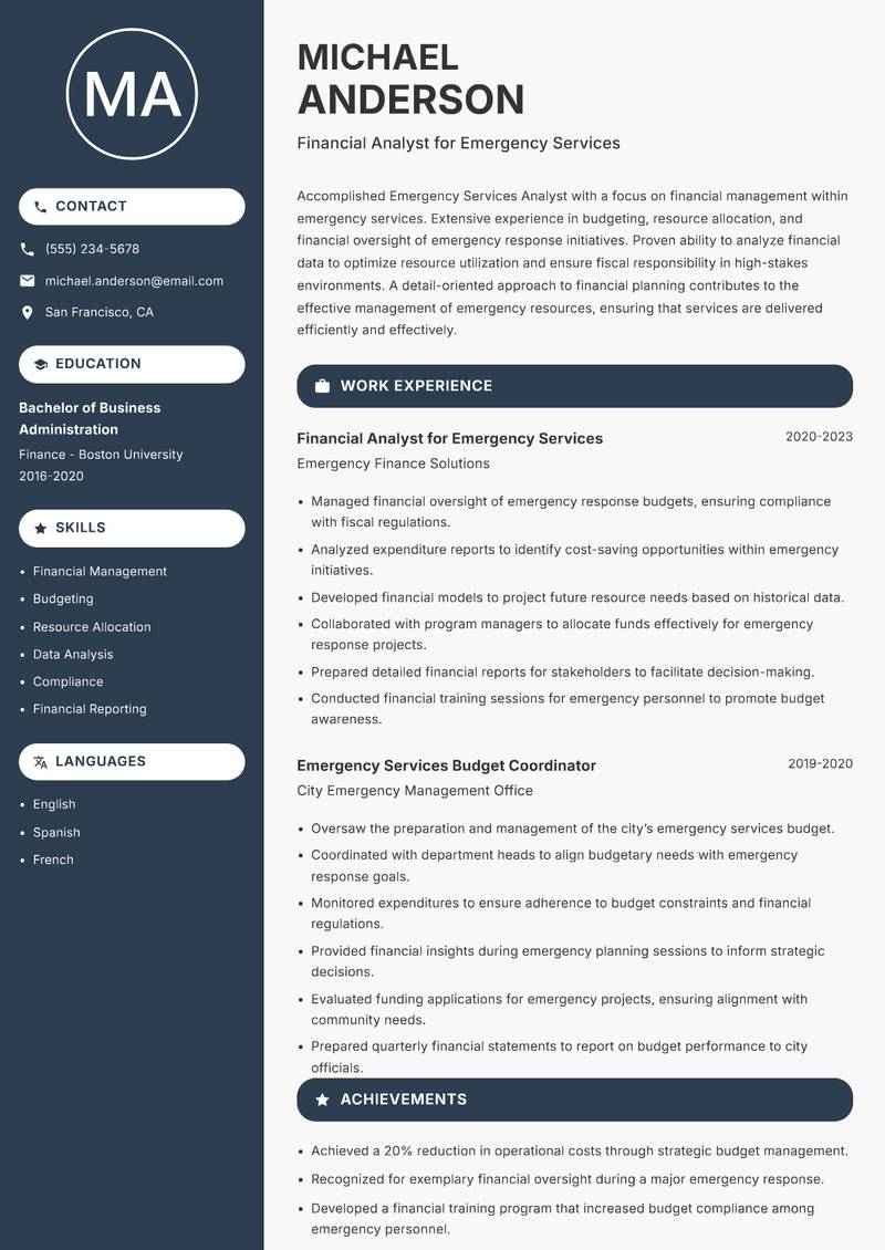 Emergency Services Analyst Resume Preview Example