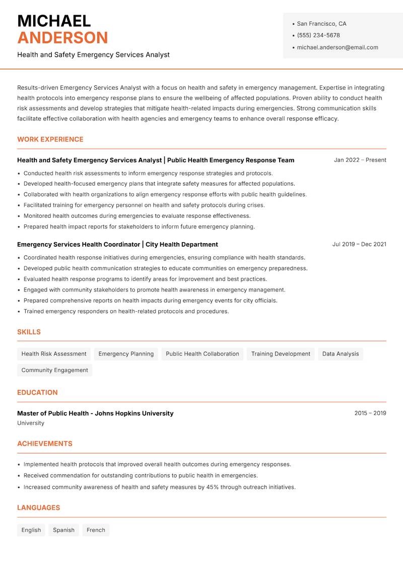 Emergency Services Analyst Resume Template