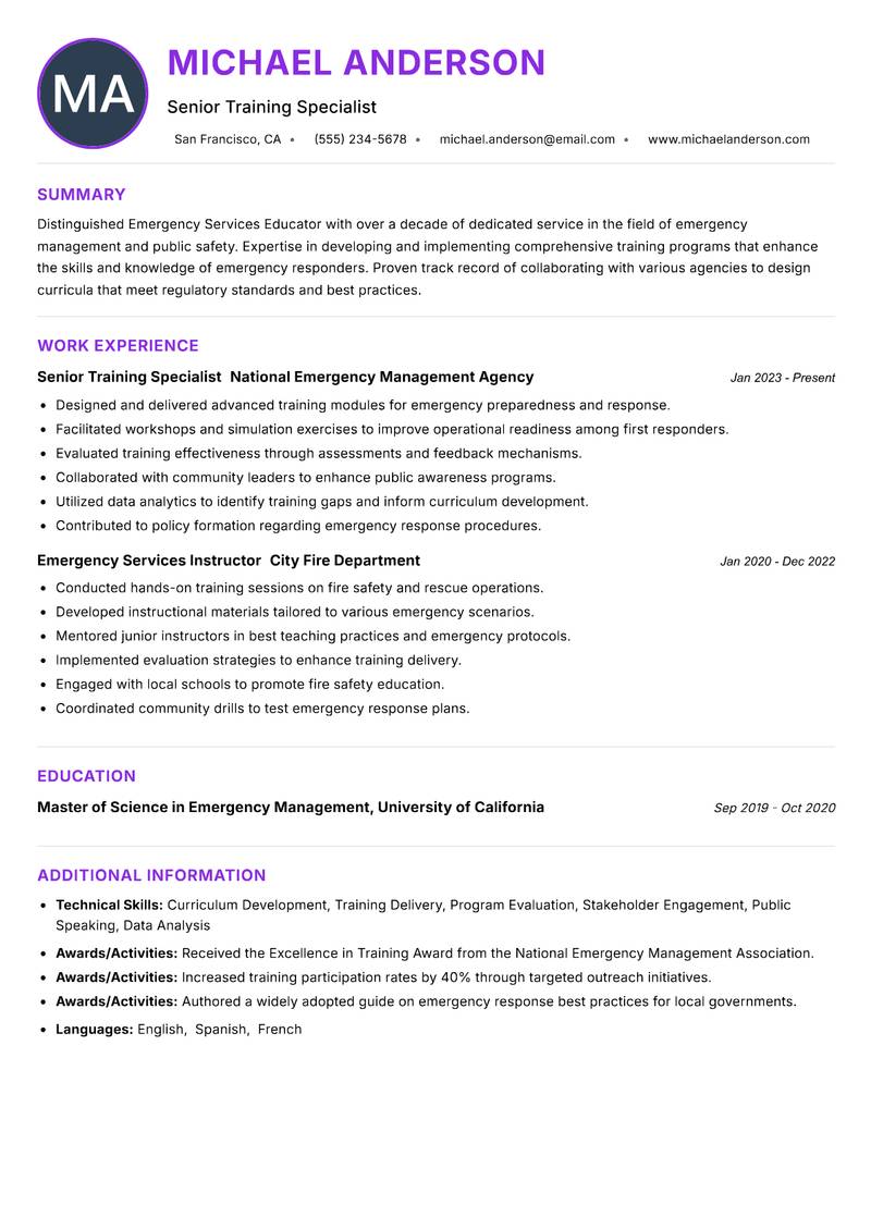 Emergency Services Educator Resume Preview Example