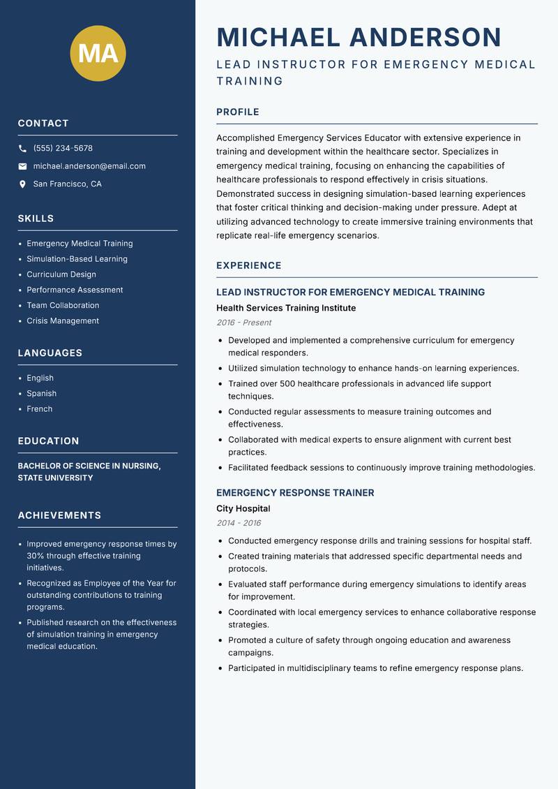 Emergency Services Educator Resume Preview Example