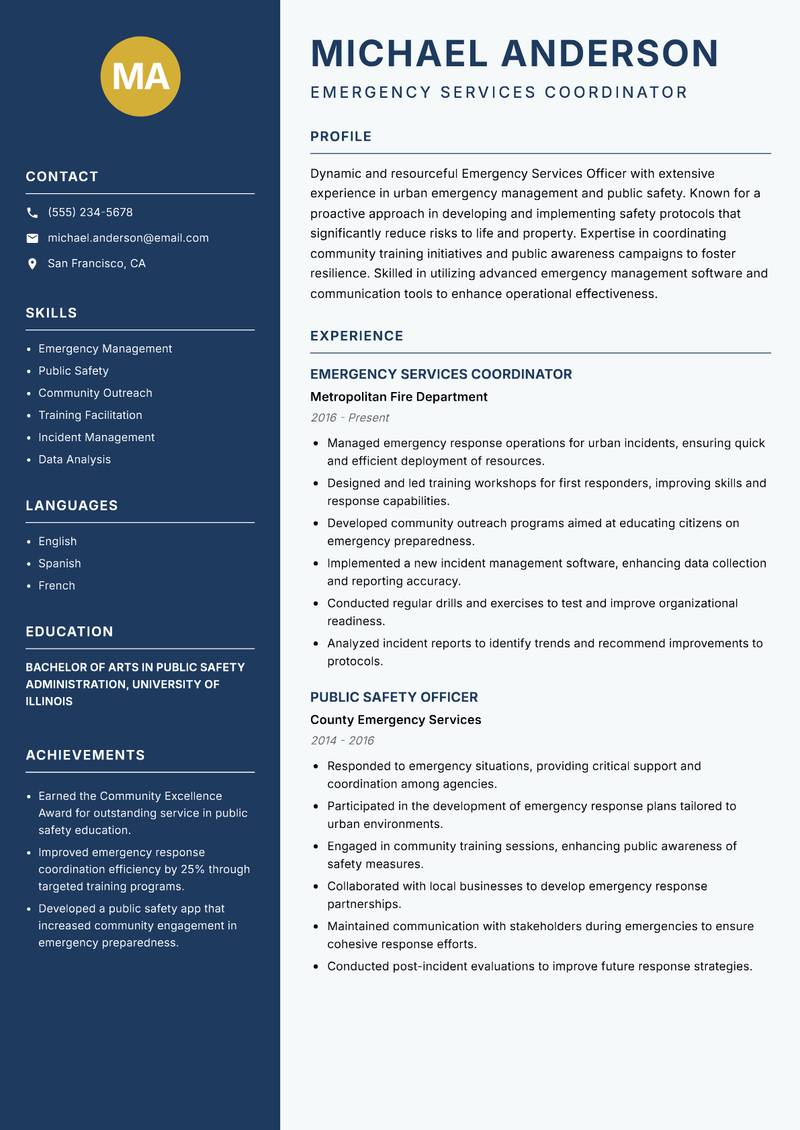 Emergency Services Officer Resume Preview Example