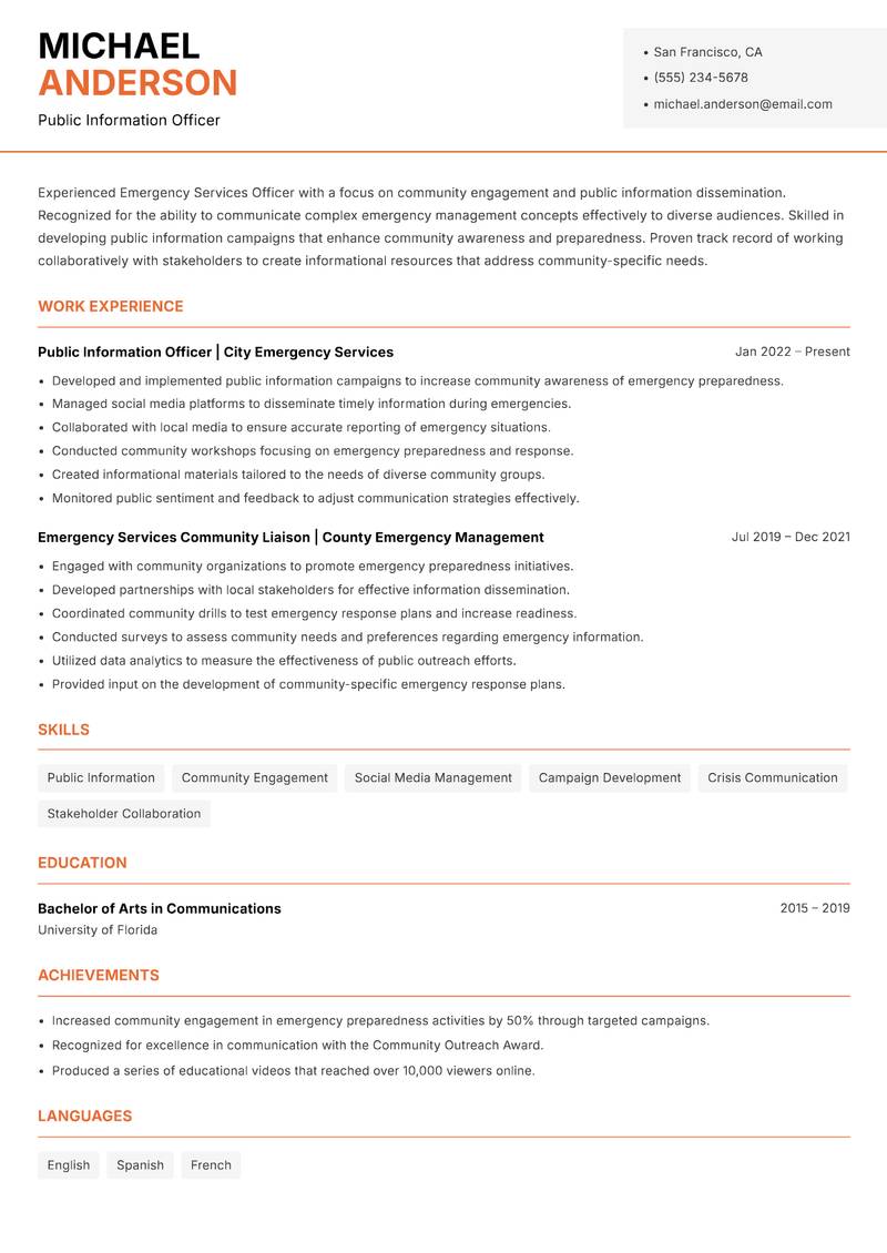 Emergency Services Officer Resume Template