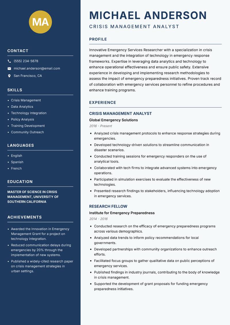 Emergency Services Researcher Resume Preview Example