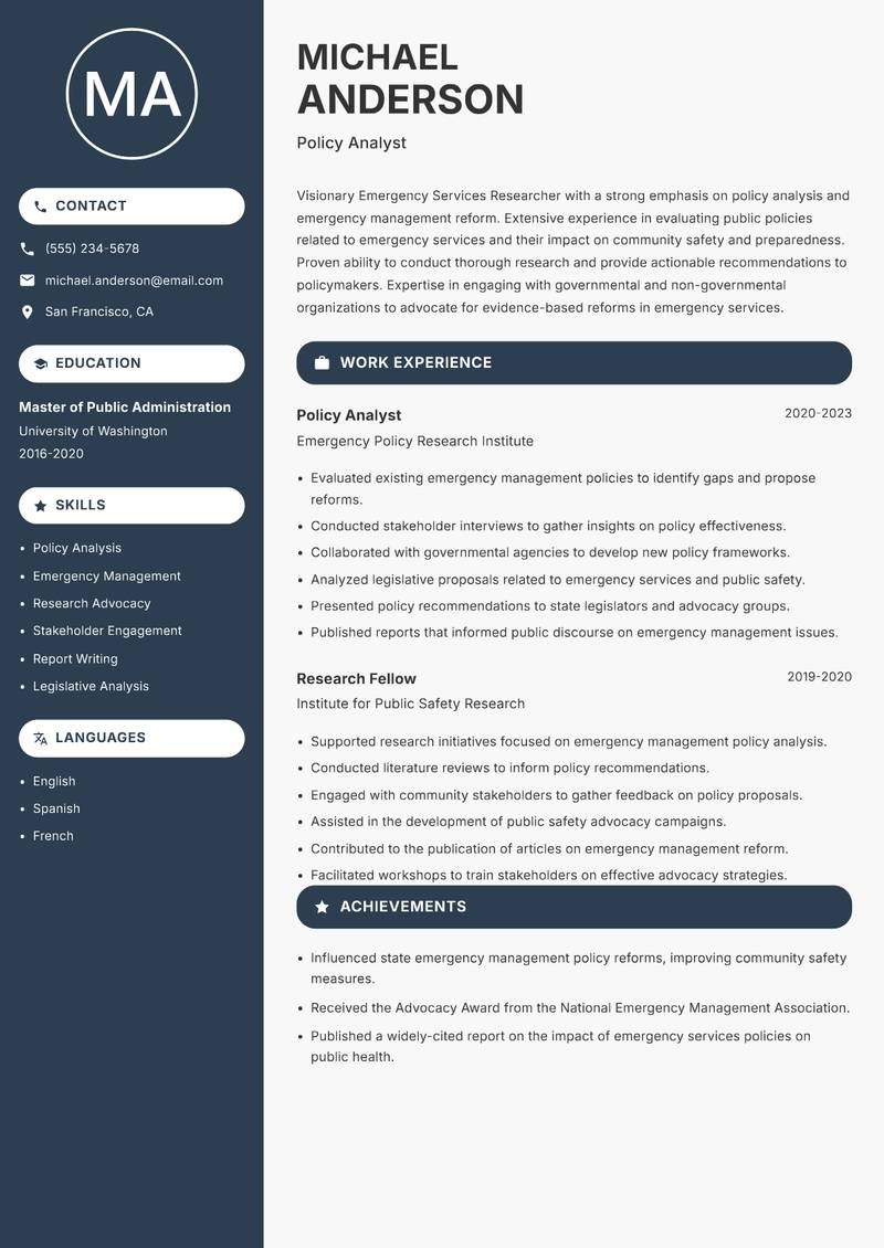 Emergency Services Researcher Resume Preview Example