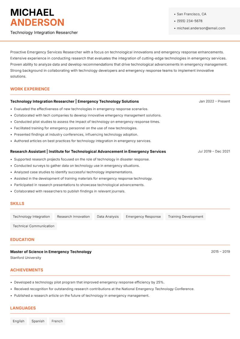 Emergency Services Researcher Resume Template