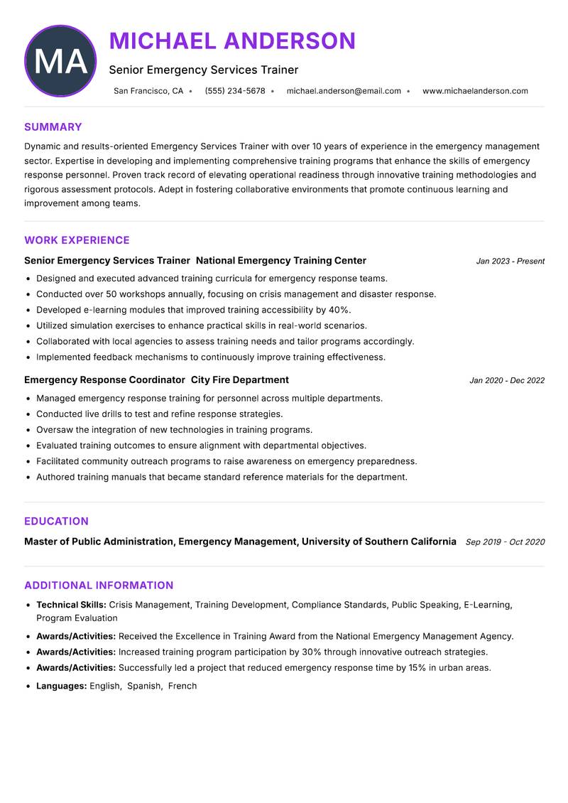 Emergency Services Trainer Resume Preview Example