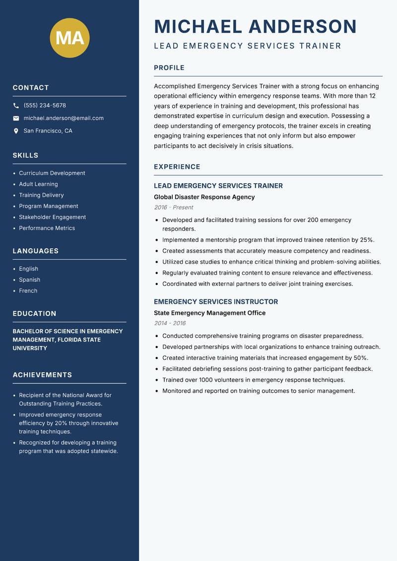 Emergency Services Trainer Resume Preview Example