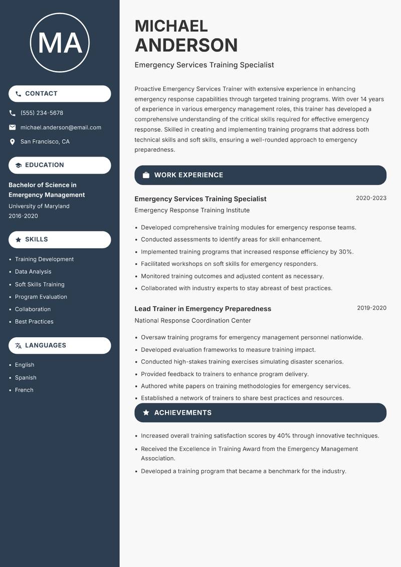 Emergency Services Trainer Resume Preview Example