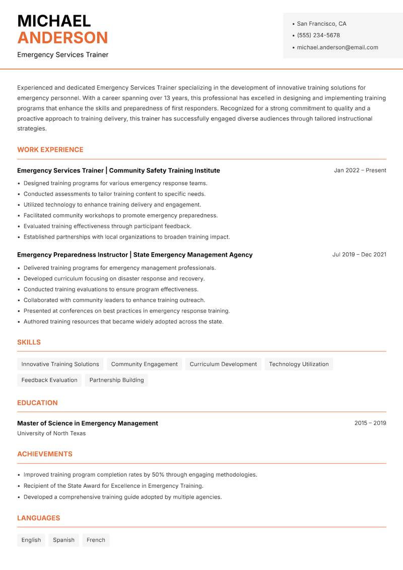 Emergency Services Trainer Resume Template