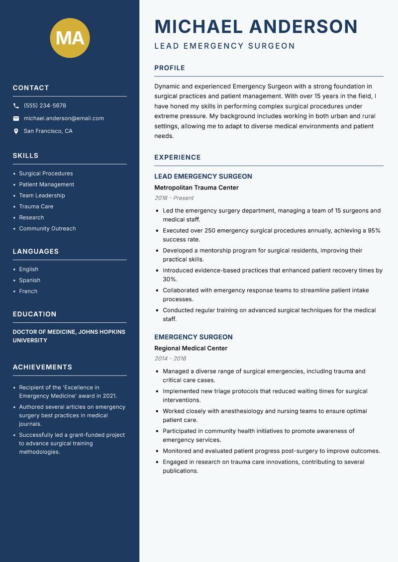 Emergency Surgeon Resume Preview Example