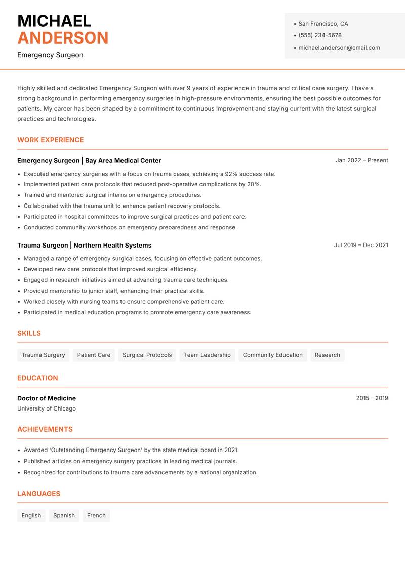 Emergency Surgeon Resume Template