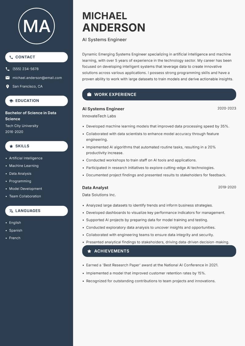 Emerging Systems Engineer Resume Preview Example