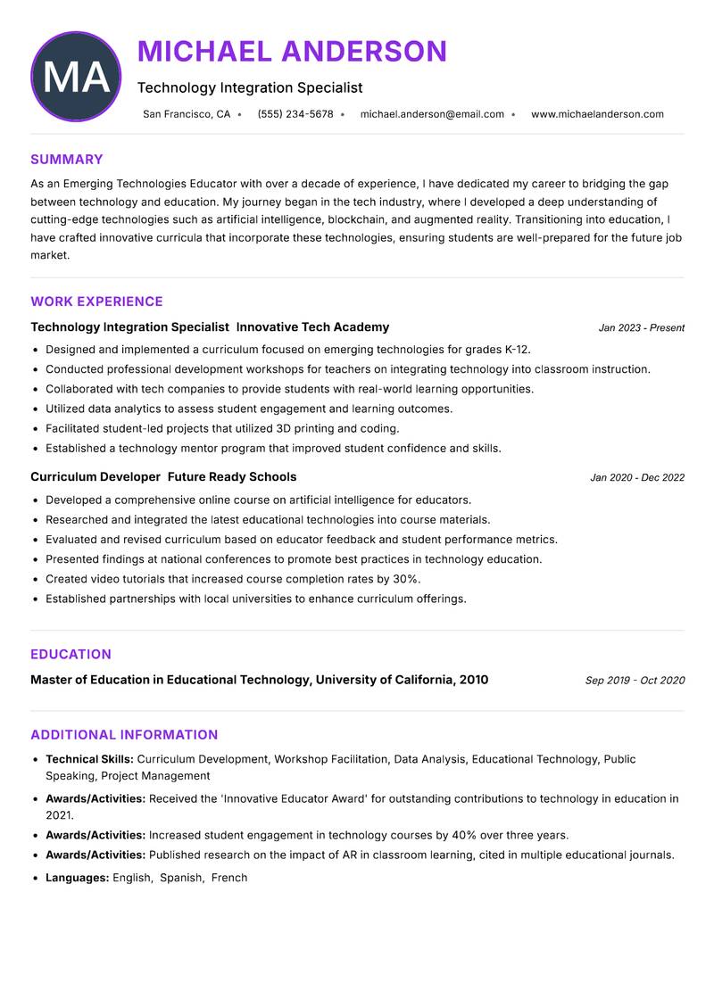 Emerging Technologies Educator Resume Preview Example