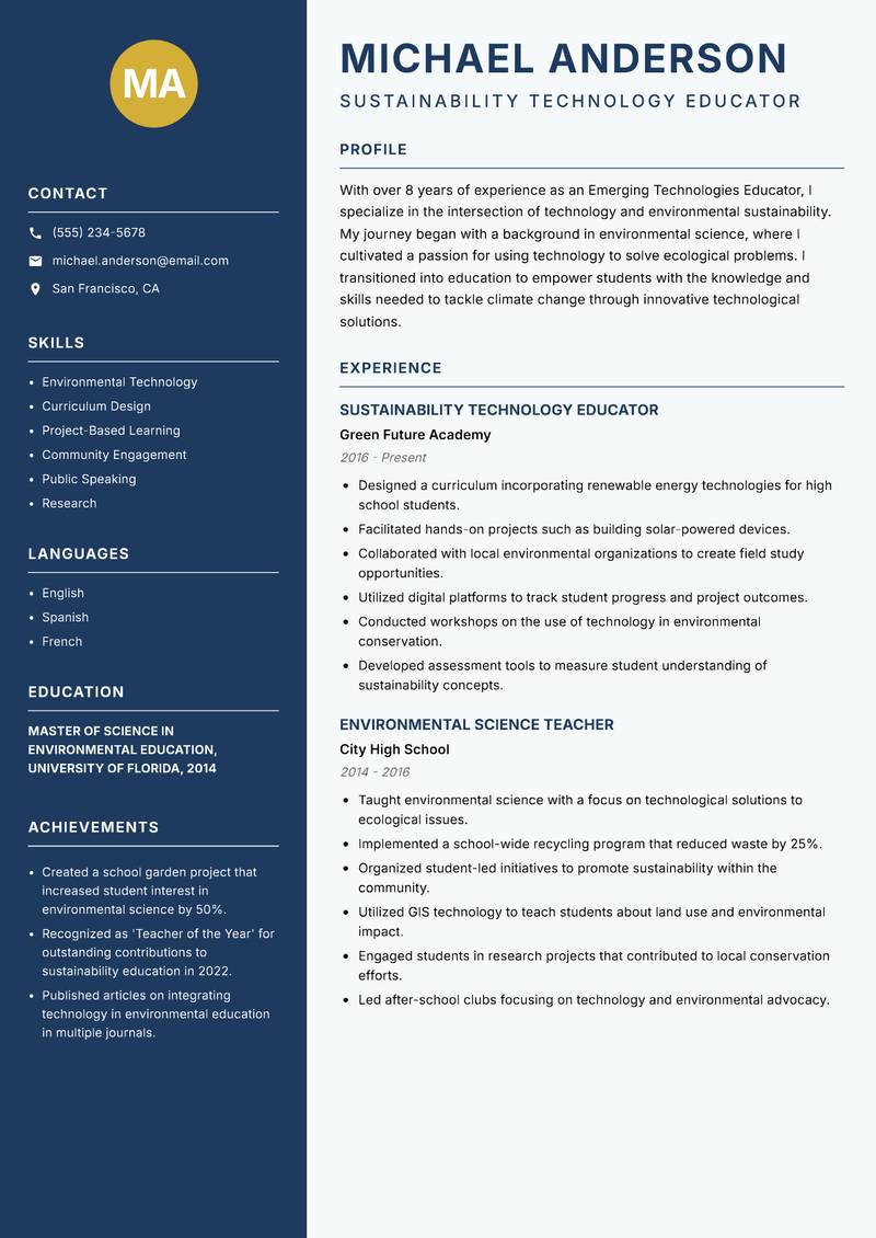 Emerging Technologies Educator Resume Preview Example
