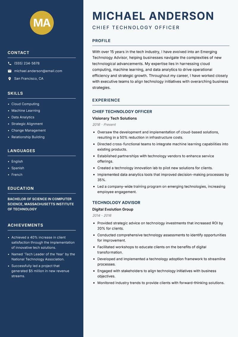 Emerging Technology Advisor Resume Preview Example