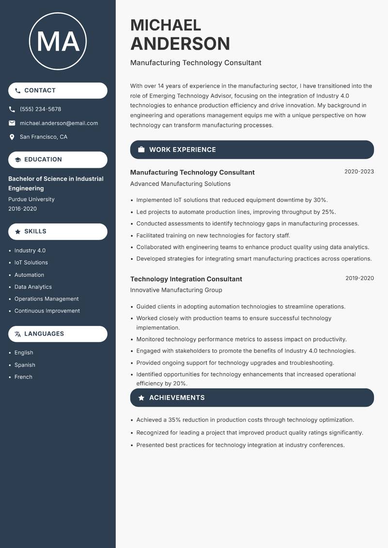 Emerging Technology Advisor Resume Preview Example
