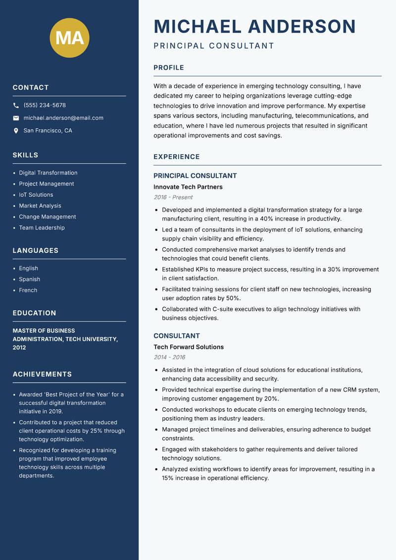 Emerging Technology Consultant Resume Preview Example