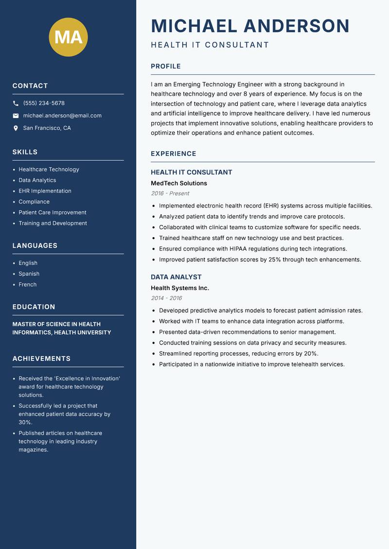Emerging Technology Engineer Resume Preview Example