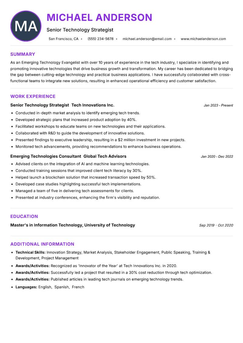 Emerging Technology Evangelist Resume Preview Example