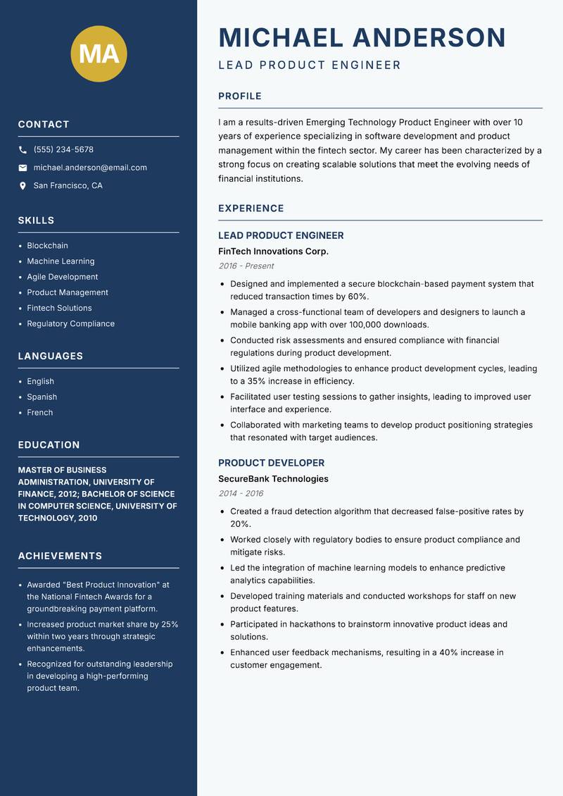 Emerging Technology Product Engineer Resume Preview Example